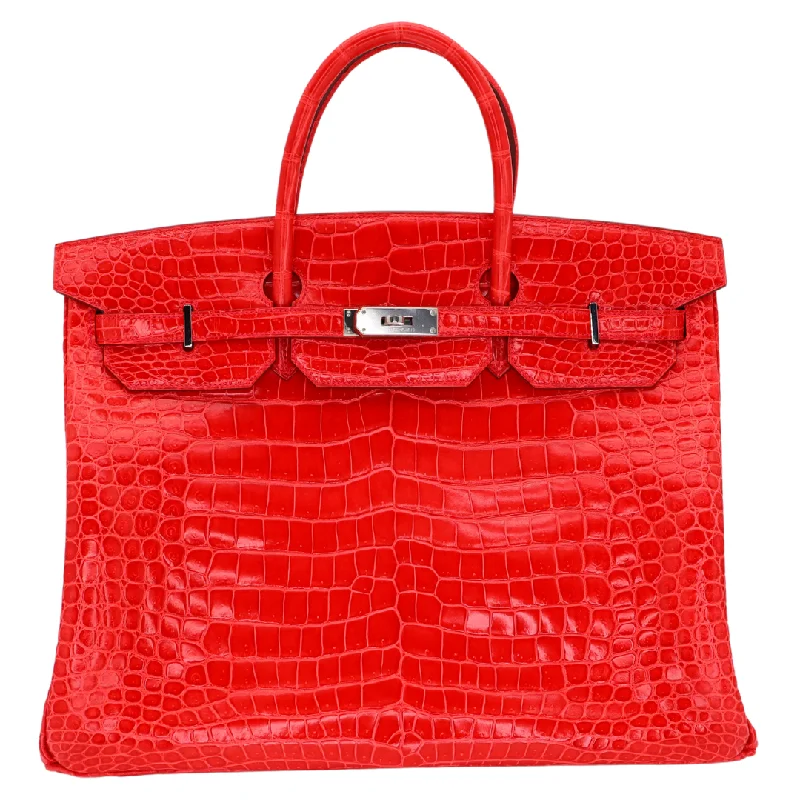 Hermès 40cm Birkin Geranium Shiny Porosus Crocodile Palladium Hardware