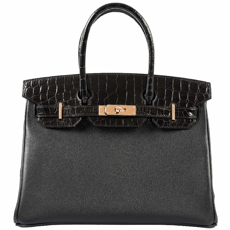 Hermès Birkin Touch 30 Black Novillo & Niloticus Crocodile Rose Gold Hardware