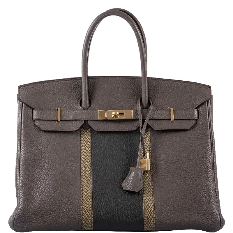 Hermès Club Birkin 35 Tri-Color Etain & Graphite Clemence, Gris Fonce Lizard Permabrass Hardware