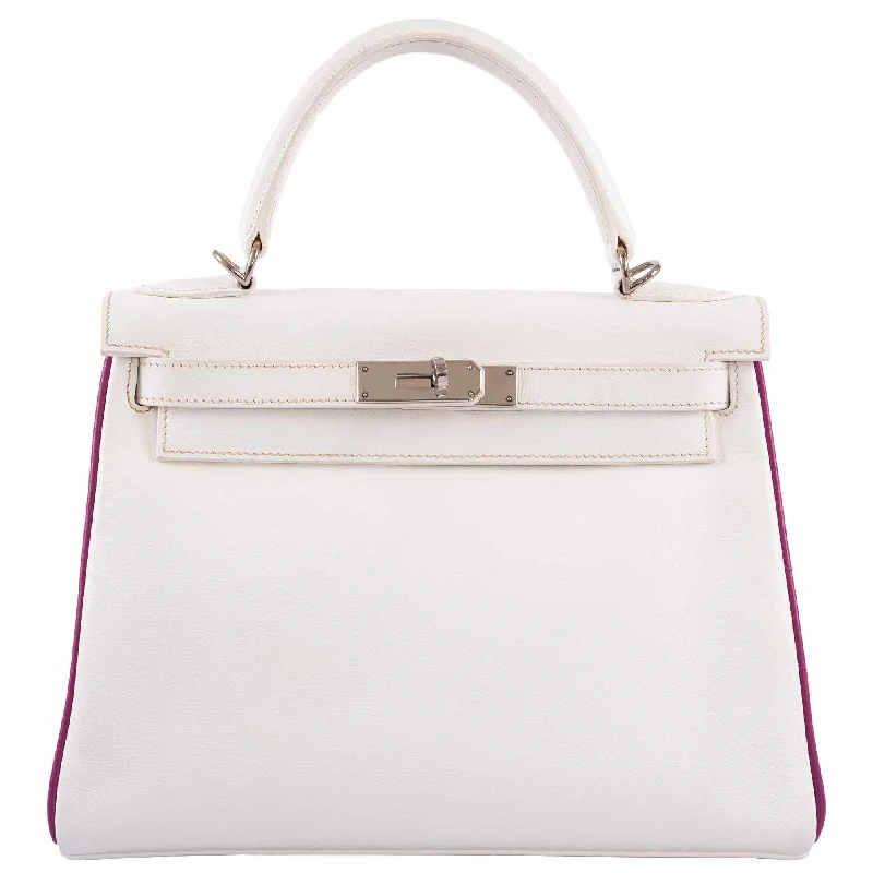 Hermès Kelly 28 Retourne Two-Tone White Epsom Cyclamen Piping Palladium Hardware