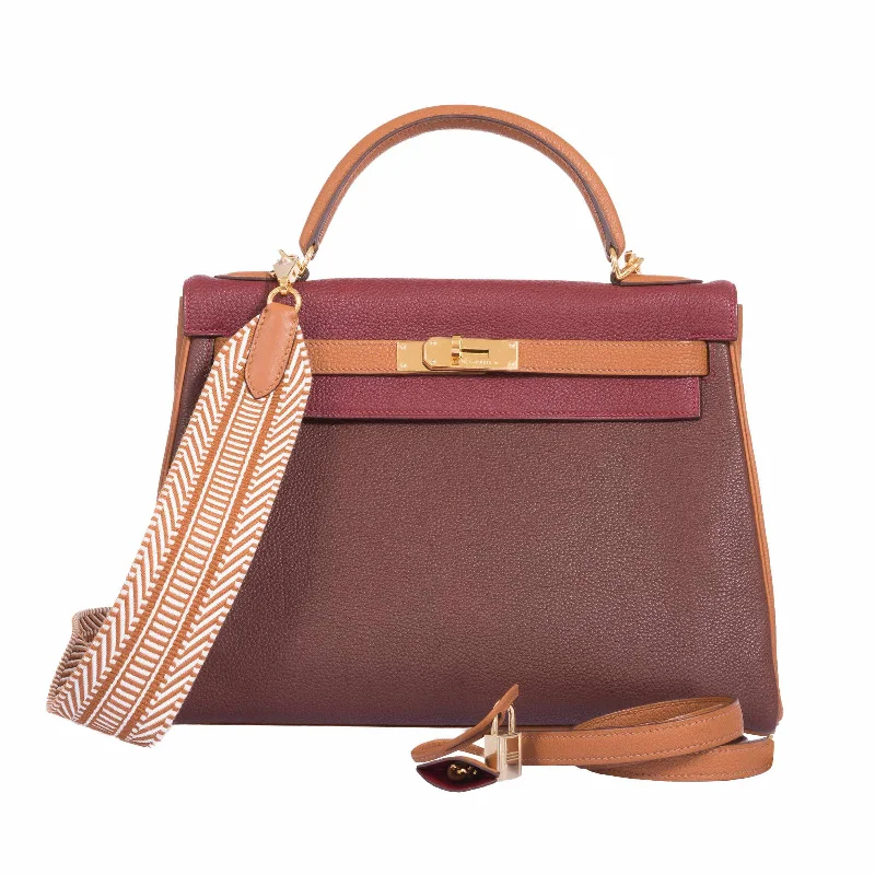 Hermès Kelly 32 Retourne Tri-Color Rouge H Havanne And Gold Togo Gold Hardware