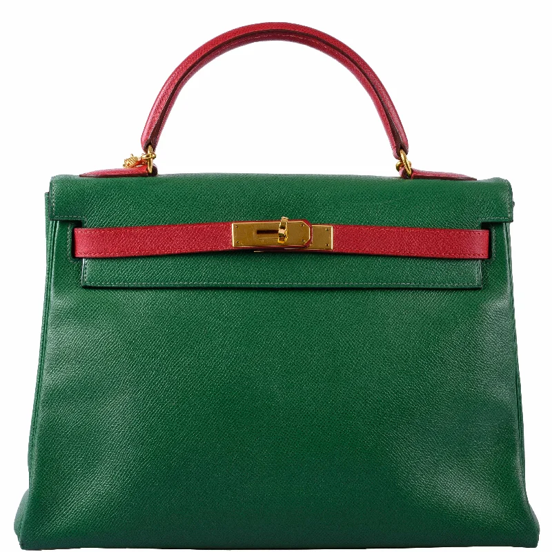 Hermès Kelly 32 Retourne Vert Claire & Rouge Vif Courchevel Gold Hardware - 1995