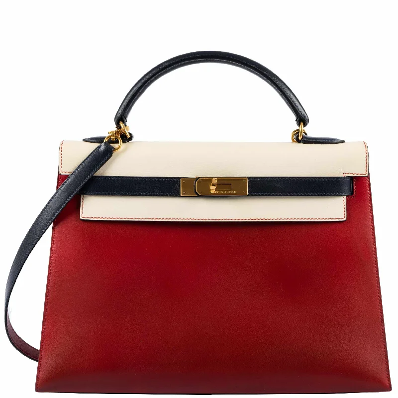 Hermès Kelly 32 Sellier Rouge Vif, Parchemin & Bleu Marine Calfbox Leather Gold Hardware - 1994