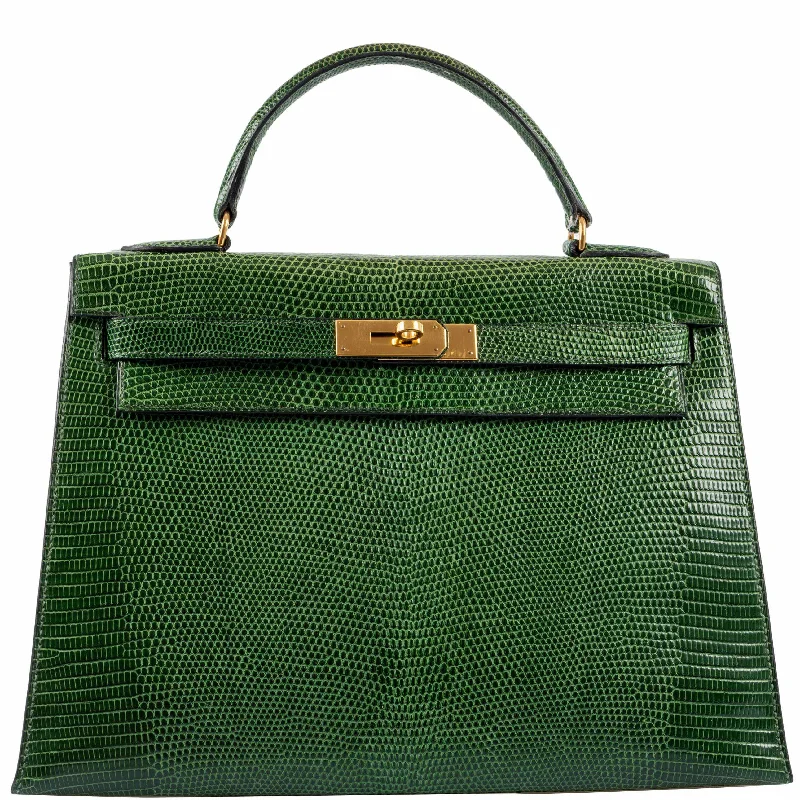 Hermès Kelly 32 Sellier Vert Emerald Lizard Kelly Gold Hardware - 1989