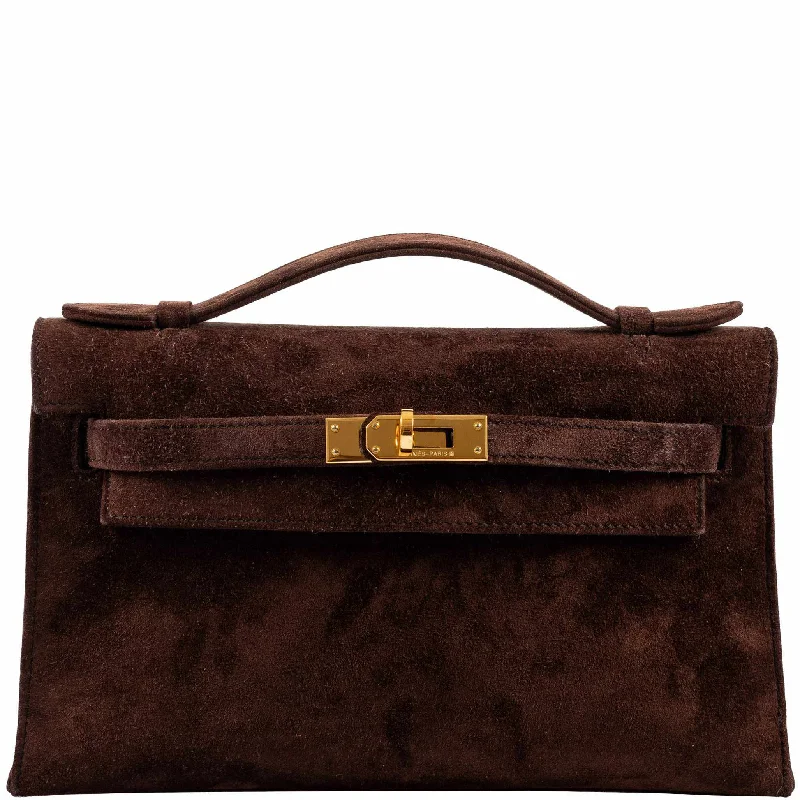 Hermès Kelly Cut Pochette Brown Veau Doblis Suede Gold Hardware