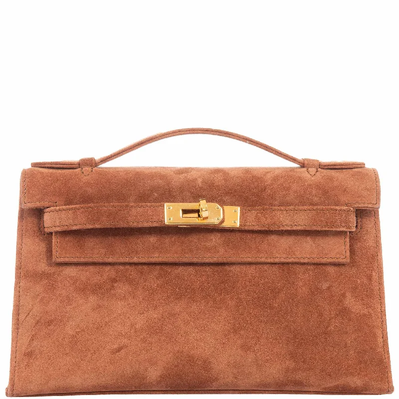 Hermès Kelly Cut Pochette Chocolate Suede Gold Hardware