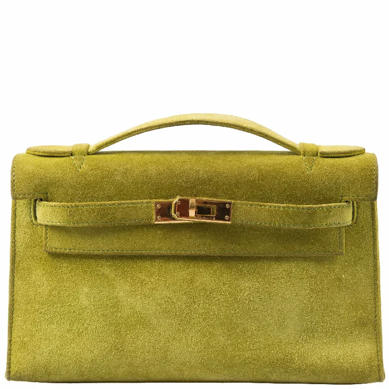 Hermès Kelly Cut Pochette Vert Anis Veau Doblis Suede Gold Hardware