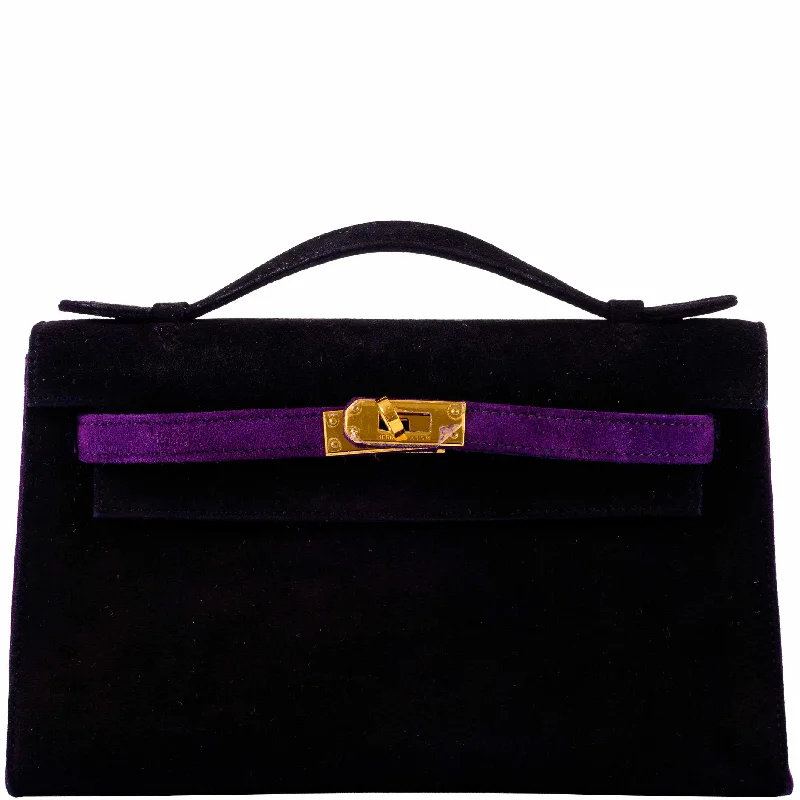 Hermès JPG Kelly Pochette Black & Violet Veau Doblis Suede Gold Hardware