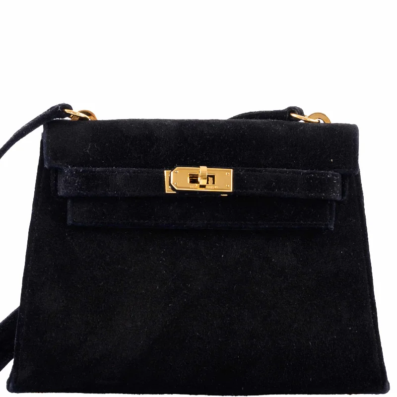 Hermès Mini Kelly 20 Sellier Shoulder Black Veau Doblis Suede Gold Hardware - 1999