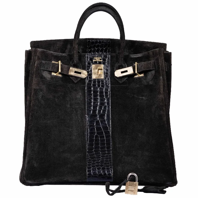 Hermès Birkin 40 HAC Black Suede & Crocodile Gold Hardware - Rare