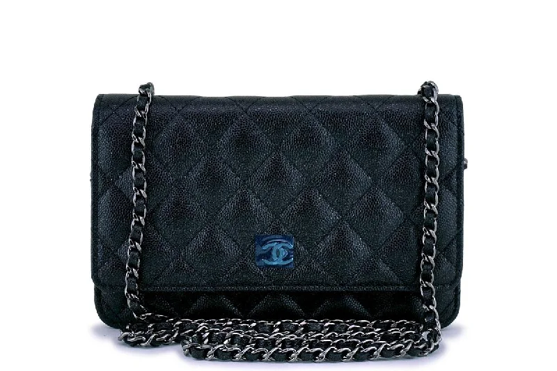 New 18C Chanel Iridescent Black Caviar Quilted WOC Wallet on Chain Flap Bag