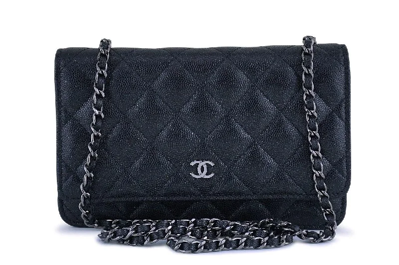 New 18C Chanel Iridescent Black Caviar Quilted WOC Wallet on Chain Flap Bag