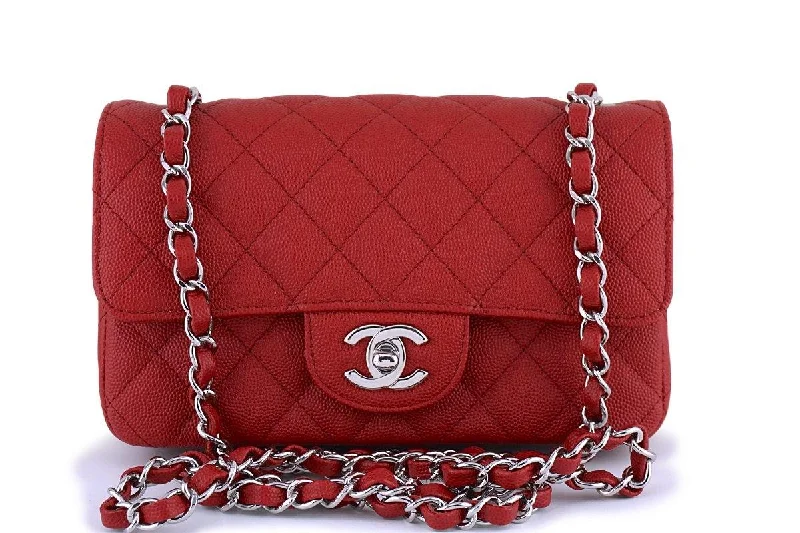 New 18C Chanel Red Caviar Classic Quilted Rectangular Mini 2.55 Flap Bag