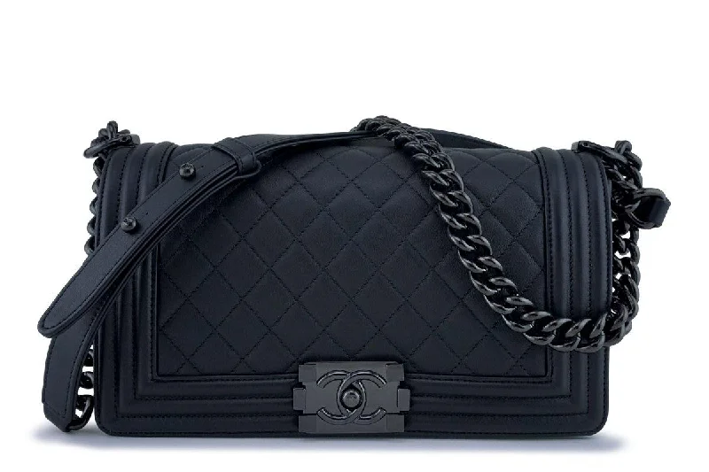 New 18C Chanel So Black Boy Classic Medium Flap Calfskin Bag