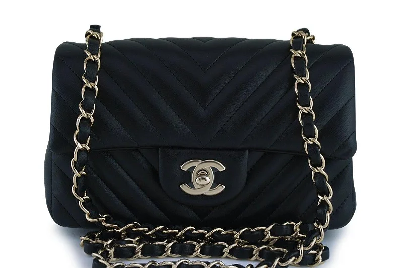 New Chanel Black Chevron Classic Quilted Rectangular Mini 2.55 Flap Bag