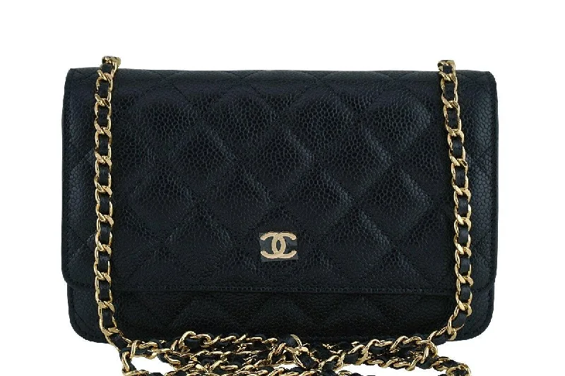 New Chanel Black Classic Quilted WOC Wallet on Chain Flap Bag