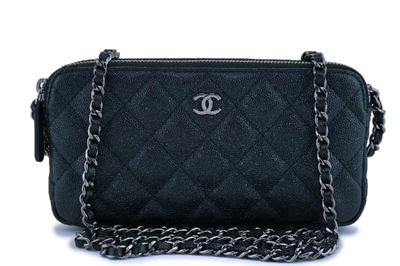 New Chanel Iridescent Black Caviar Mini Zip Case Wallet on Chain WOC Bag