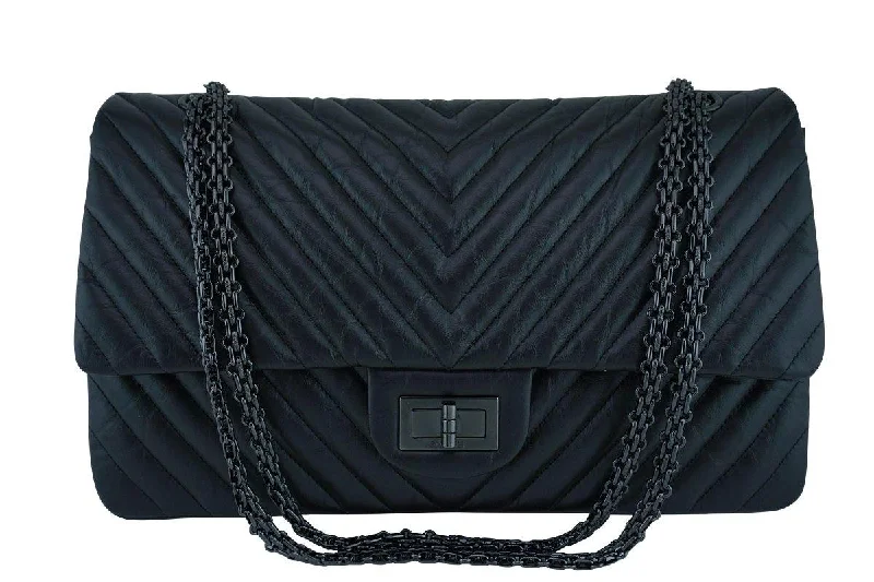 New Rare Chanel So Black Chevron 227 Jumbo Classic Reissue 2.55 Flap Bag