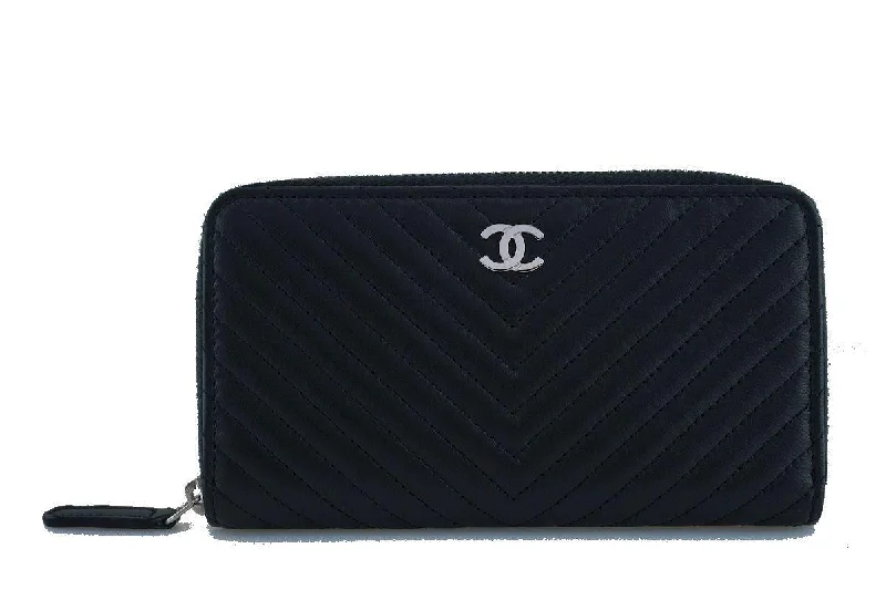 NIB Chanel Black Chevron Compact Zip Around Small Card Wallet Case