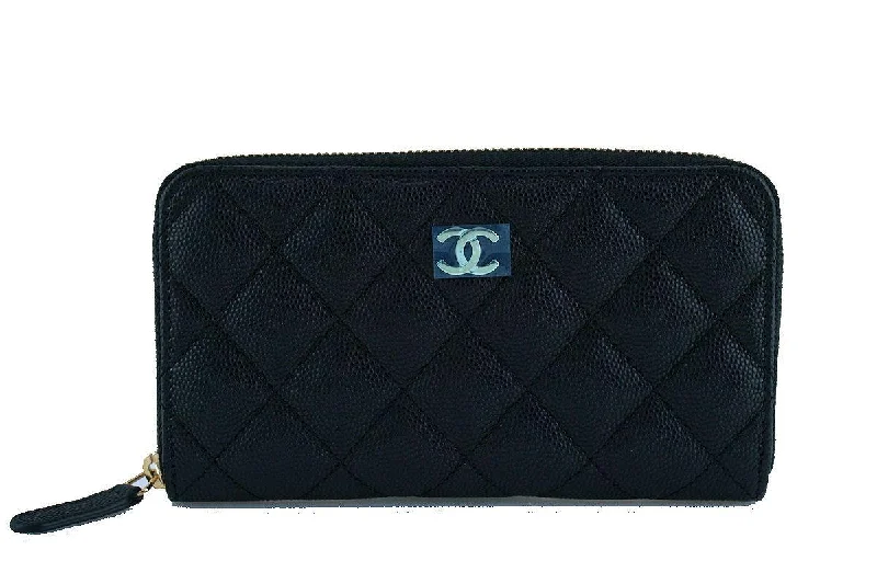 NWT 17C Chanel Black Caviar Zip Around Small Card Wallet Case GHW