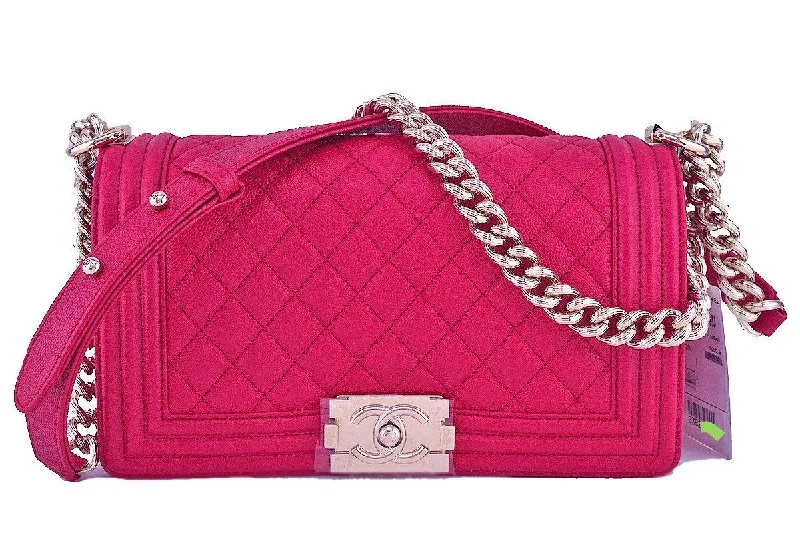 NWT 17P Chanel Fuchsia Pink Le Boy Classic Flap, Medium Caviar Bag