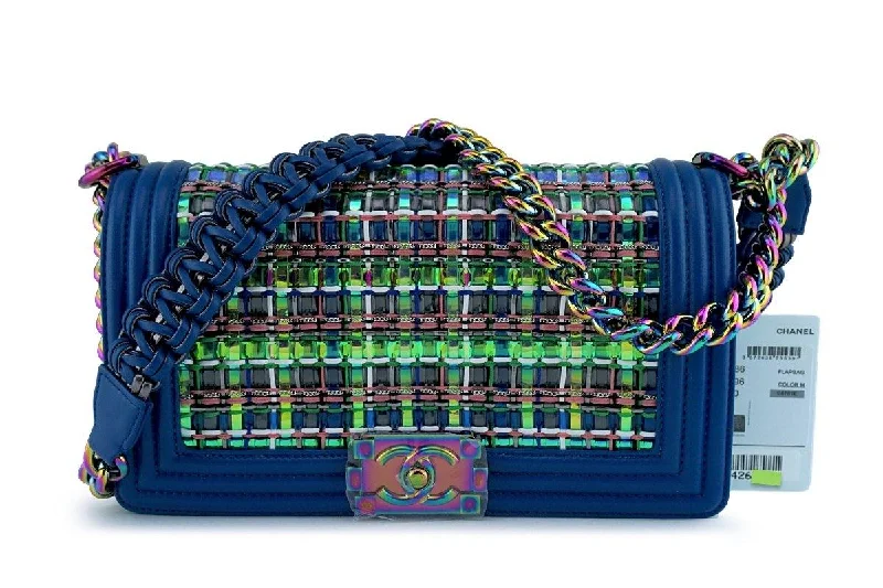 NWT 17S Chanel Blue Rainbow Cable Medium Boy Iridescent Mermaid Flap Bag