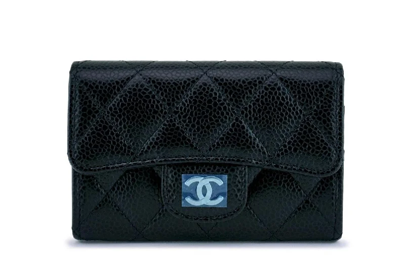 NWT Chanel Black Caviar Compact Flap Snap Card Holder Wallet Case