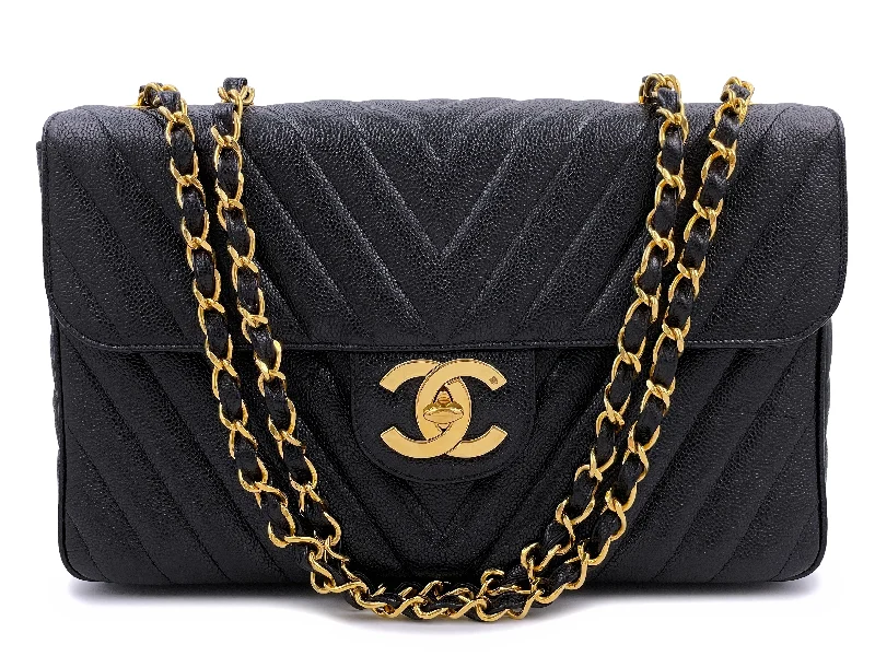 Chanel 1994 Vintage Black Caviar Chevron Maxi XL Classic Flap Bag 24k GHW