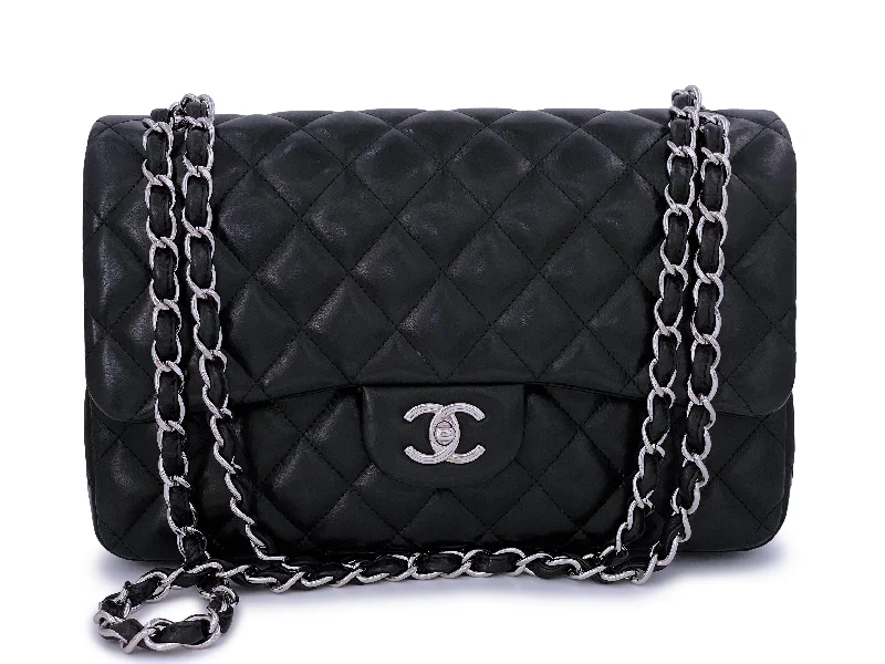 Chanel Black Lambskin Jumbo Classic Double Flap Bag SHW