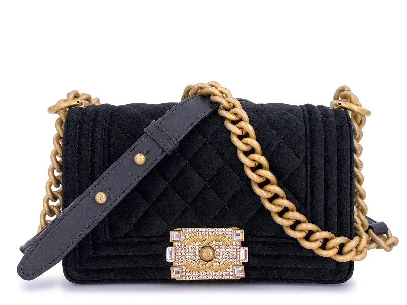 Chanel Small Boy Flap Bag Black Velvet Emerald-Cut Crystal Clasp GHW