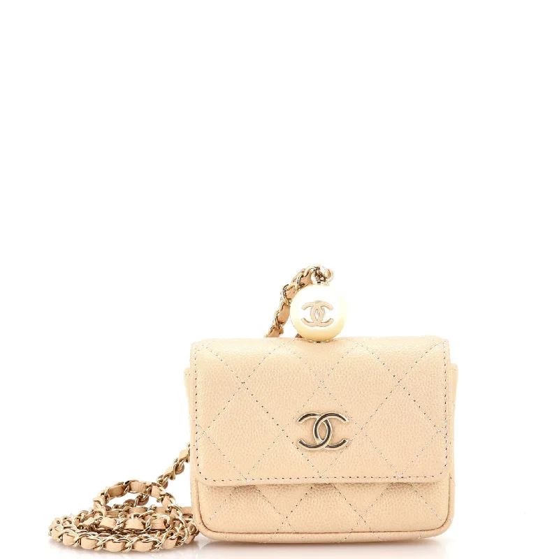 CC Pearl Coin Card Holder with Chain Quilted Iridescent Caviar