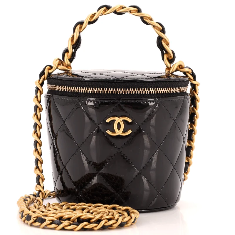 Woven Chain Top Handle Vanity Bucket Bag Quilted Patent